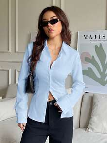 SHEIN EZwear 100%純棉淺天藍色女款休閒百搭款前開扣後收腰修身長袖襯衫，適合秋冬穿著 - 淺藍色 - 查看 8