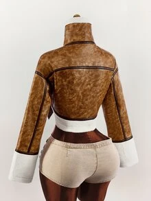 Amplova PU Composite Faux Fur Cropped Waist Jacket, Retro Dropped Shoulder, Autumn/Winter - Brown - View 13