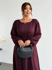 Firerie Plus Size Vintage Fashion Ruched Waist Long Sleeve Dress - Red Violet - View 4
