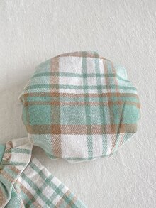SHEIN Playful Pals 2件組幼女格紋洋裝 優雅薄荷綠蝴蝶結荷葉邊格紋長袖圓領常規款 婚禮派對秋季假期時尚貝雷帽 - 綠色 - 查看 3