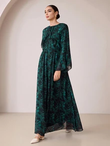 Graceveil Gaun Panjang Chiffon Bertekstur Bunga Hijau Tua dengan Hem Berlipit dan Berkerut, Leher Bulat, Lengan Mengembang Longgar, Gaya Elegan - MultiWarna - View 5