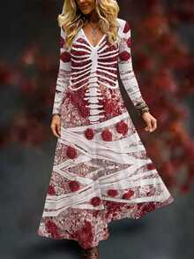 EMERY ROSE Plus Size Women Halloween Gothic Skeleton & Floral Rose Print V Neck Long Sleeve A-Line Maxi Dress,Retro Skull Graphic Party Swing Long Dresses - Multicolor - View 3