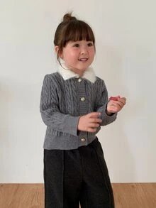 DAZY Baby Girls Contrast Color Lapel Long Sleeve Cardigan - Grey - View 7