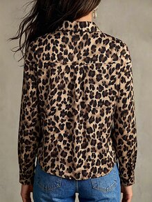 SHEIN Vintage Casual Leopard Print Lapel Long Sleeve Shirt Women Loose Lazy Drop Shoulder Mid-Length Cardigan Slimming Blouse Night Out Beige Autumn - Multicolor - View 3