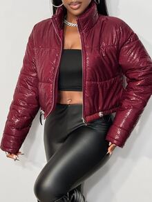 BamGleam Burgundy Animal Print Y2K Drawstring Hem Cropped Jacket - Burgundy - View 4