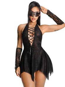 AltBold Halloween Spider Web Sheer Sexy Deep V-Neck Halter Cross Strap Dress With Sleeves 3-Piece Set - Black - View 5