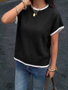Siren Gaze 女款拼色圓領短袖休閒學院風極簡針織上衣 辦公室黑白配色 - 黑與白 - 查看 6