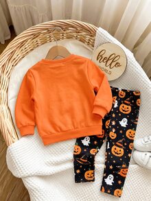 Oo Cute To Spook 幼女萬聖節服裝，可愛幽靈娃娃萬聖節南瓜圖案內搭褲套裝 (2件組)，秋季服飾系列 - 彩色 - 查看 2