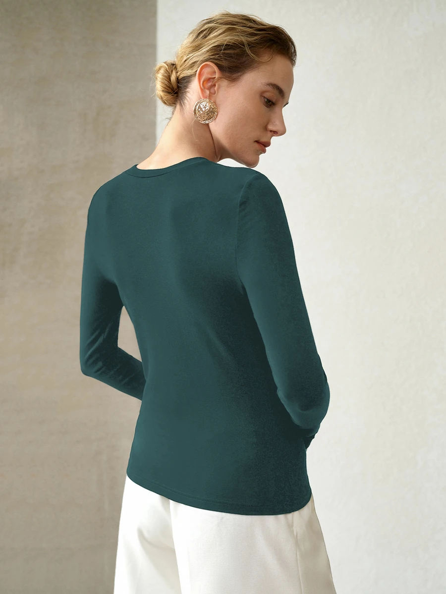 MOTF PREMIUM WOMEN'S HIGH ELASTICITY SKIN-FRIENDLY SOLID COLOR ROUND NECK SLIM FIT FLATTERING FASHION LONG SLEEVE VERSATILE TEE - Dark Green - View 2