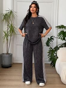 SHEIN EZwear 大尺碼女款豹紋拼色上衣與長褲休閒日常穿搭套裝 - 深灰色 - 查看 5