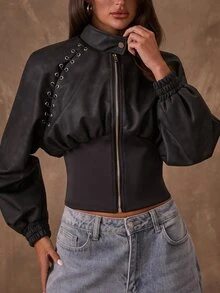 SHEIN BAE جاكيت موتو قصير من جلد PU أسود مغسول بتصميم محبوك مضلع، بياقة واقفة وسحاب وأكمام منفوخة مع تفاصيل حلقة معدنية، إطلالة سهرة ليلية للخريف والشتاء - الأسود - مشاهدة 1
