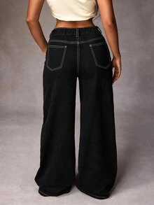 StreetHx Plus Size Casual Versatile Wide Leg Jeans - Black - View 2