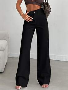SHEIN Tall بنطلون جينز أسود طويل بخصر عالي وقصة عادية وأسلوب كاجوال وغسيل شطف وأزرار أمامية وقصة مستقيمة - الأسود - مشاهدة 4