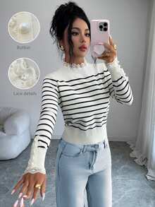 Elenzga Spring/Autumn Gentle Lady Style Black & White Ribbed Collar & Cuff Lace Trim Ribbed Knit Pullover Sweater For Women - White - View 1