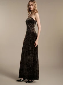 Anewsta Essential Autumn/Winter Elegant Evening Velvet Strapless Fitted Floor-Length Dark Green Gown - Gray green - View 3