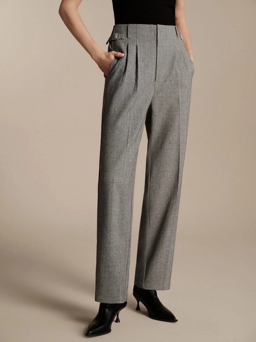 Anewsta Essential Women's Elegant Commute High Waist Pleated Side Button Straight Leg Trousers Grey Pants, Suitable For Commute, Daily, Date Outfits - Grey - View 1