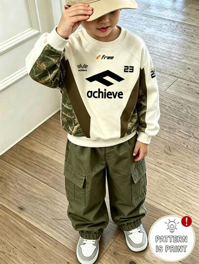 2pcs/Set Young Boy Fashionable Minimalist Comfortable Crew Neck Sweatshirt & Cargo Pants Outfit, Simple Cool English Letter All-Over Print Design, Suitable For Holiday Parties, Casual And Comfortable, Little Boy Spring/Autumn/Winter First Choice, Fashionable Casual Wear, Spring/Autumn/Winter Streetwear, Outing Casual Outfit, Back To School Party