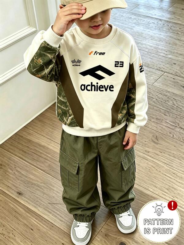 2pcs/Set Young Boy Fashionable Minimalist Comfortable Crew Neck Sweatshirt & Cargo Pants Outfit, Simple Cool English Letter All-Over Print Design, Suitable For Holiday Parties, Casual And Comfortable, Little Boy Spring/Autumn/Winter First Choice, Fashionable Casual Wear, Spring/Autumn/Winter Streetwear, Outing Casual Outfit, Back To School Party