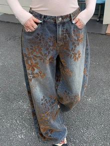 Dazy Plus Vintage Denim Flocked Heavy-Duty Loose Casual Curved Leg Long Jeans, Spring Autumn All-Season - Medium Wash - View 4