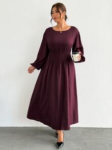 Firerie Plus Size Vintage Fashion Ruched Waist Long Sleeve Dress - Red Violet - View 5