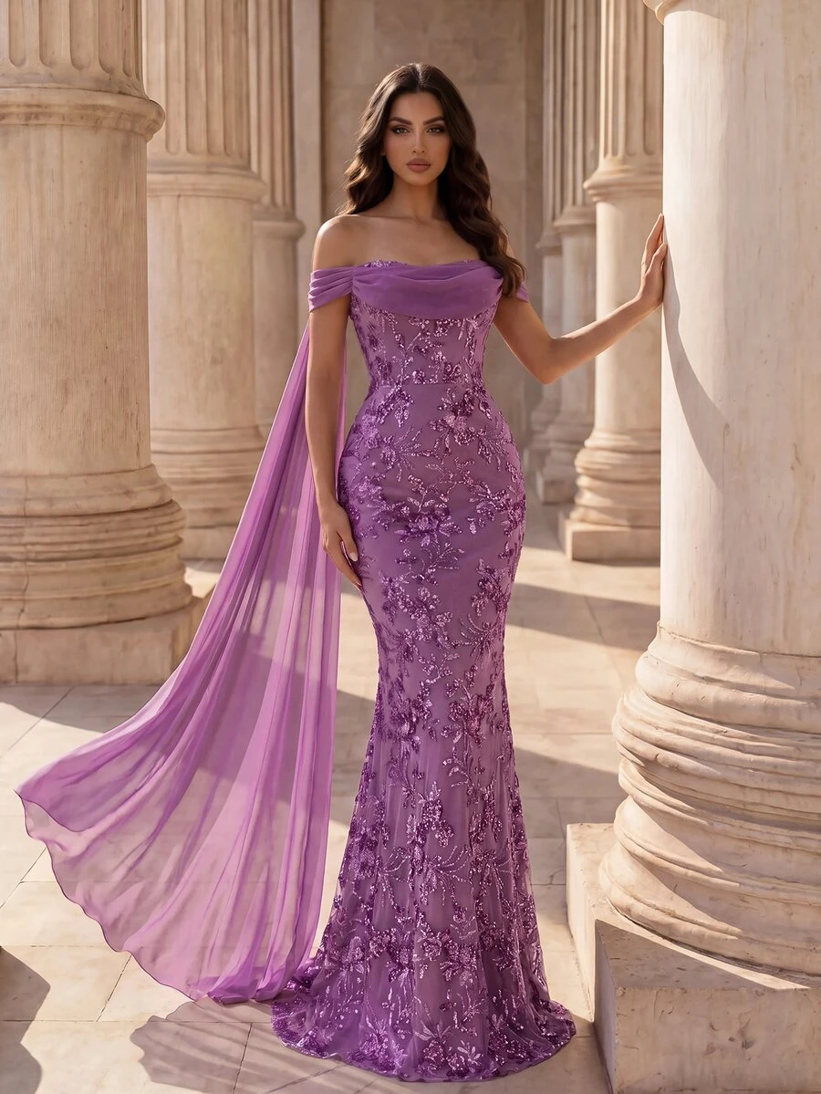 Coutiva Lake Blue Off-Shoulder Ruched Sequin Fitted Mermaid Side Drape Flounce Train Long Evening Gown - Purple - View 1