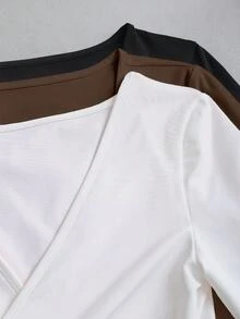 DrmWander Plus Size Solid Color V-Neck Tie Wrap Long Sleeve Cropped T-Shirt - Multicolor - View 5