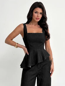 Firerie Women's Asymmetric Hem Vest & Long Pants Denim Set - Black - View 7