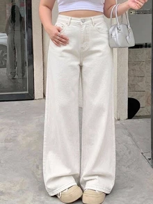 Dazy Plus Quần jean denim trắng toàn bộ ống đứng dáng rộng thoải mái mới cho mùa xuân/thu, phong cách thường ngày, phù hợp đi du lịch và làm khách mời đám cưới - trắng - Xem 4