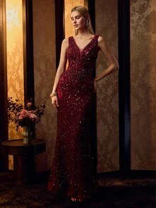 MOTF Soiréza LUXURIOUS SLEEVELESS DEEP V NECK MAXI MERMAID HEM BEADED PARTY GOWN FOR PROM, WEDDING GUEST - Burgundy - View 4