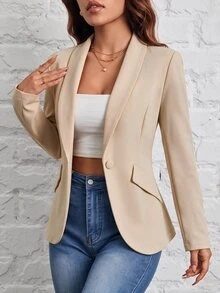 SHEIN PETITE 秋冬通勤穿搭 綠色水果領單扣黑色西裝外套 - 卡其色 - 查看 5
