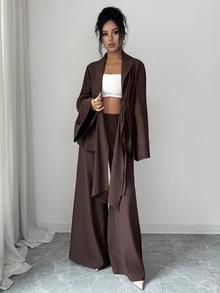 Elenzga Elegant Commute Bell Sleeve Waist-Cinching Blazer & Wide Leg Pants Suit Set - Brown - View 3