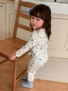 DAZY Baby Girls Round Neck All-Over Print Long Sleeve T-Shirt And Long Pants Loungewear Fall - Beige - View 8