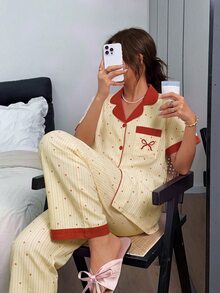 Napfluff 甜心條紋印花蝴蝶結刺繡口袋拼色領睡衣套裝 - 黃色 - 查看 1