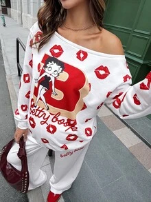 Lyckli Betty Boop x SHEIN Maternity Red Lips Cartoon Print Asymmetric Collar Sweatshirt & Sweatpants 2 Pieces Set Fall - White - View 4