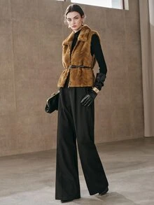 Anewsta Women's Autumn/Winter Lapel Faux Mink Wavy Embossed Vest Jacket - Coffee Brown - View 1