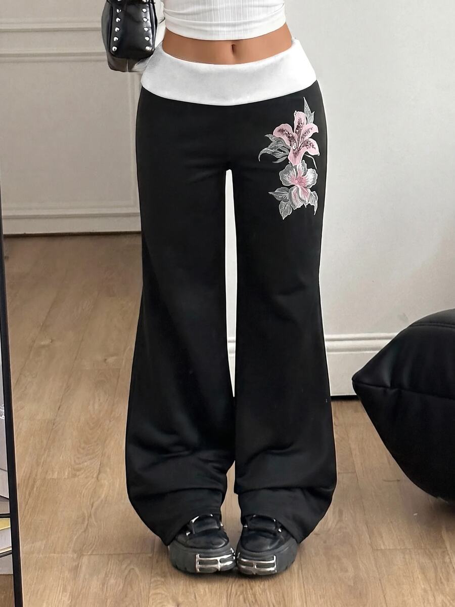 兒童青少年女孩初秋/秋季/冬季腰部拼接雙層花卉印花拼色長褲 - 黑與白 - 查看 1