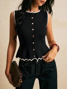 Poéselle Women's Trimmed Single-Breasted Casual Versatile Knit Vest - Black - View 2