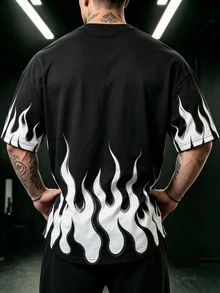 GymBeat 男士火焰印花短袖休閒健身運動T恤 - 黑色 - 查看 2
