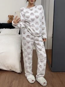 Napfluff Women's Cute Bear Soft Plush Long Sleeve & Long Pants Pajama Set - White - View 2