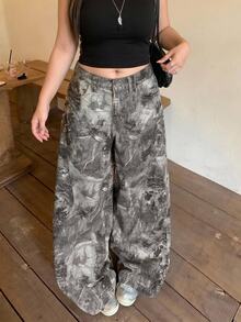 Dazy Plus Letter Embroidery Design Blogger Casual Streetwear All-Over Print Korean Style Denim Jeans - Grey - View 5