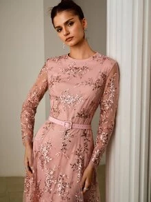 ZEYLAH Gaun Pesta Wanita Elegan dengan Motif Bordir Bunga Payet yang Menekan Pinggang - Berwarna merah muda - View 5