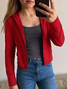 Tween Girl Autumn/Winter New Light Gray Zip-Up Knit Sweatshirt - Red - View 8