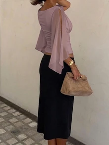 Siren Gaze Women's Solid Color Deep V-Neck Bell Sleeve Waist-Cinching Fashion Blouse - Dusty Purple - View 5