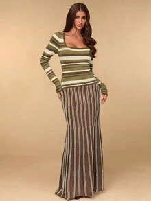 SHEIN BAE Women's Fashion Contrast Color Striped Extra Long Knit Dress - Multicolor - View 5