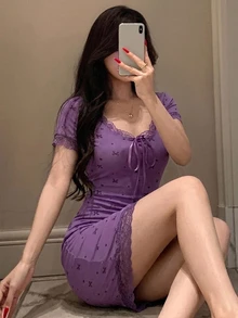 DAZY 甜美蝴蝶結印花蕾絲拼接修身短袖迷你洋裝 夏季女款睡裙 - 紫色 - 查看 7
