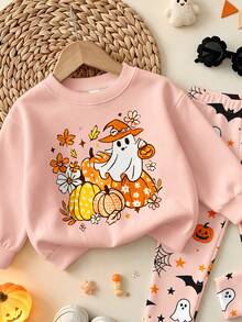 Oo Cute To Spook 幼童女童萬聖節套裝，可愛幽靈與南瓜印花衛衣及蜘蛛網圖案內搭褲套組 (2件裝)，秋季服飾系列 - 彩色 - 查看 4