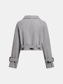 SHEIN Girlism 兒童青少年女孩寬鬆休閒簡約舒適收腰優雅短款時尚秋冬風衣 - 灰色 - 查看 2