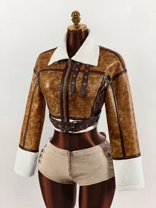 Amplova PU Composite Faux Fur Cropped Waist Jacket, Retro Dropped Shoulder, Autumn/Winter - Brown - View 3