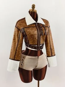 Amplova PU Composite Faux Fur Cropped Waist Jacket, Retro Dropped Shoulder, Autumn/Winter - Brown - View 4