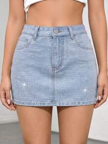 SHEIN ICON Women's Rhinestone Embellished Pocket Casual Versatile Denim Skirt - Light Wash - View 1